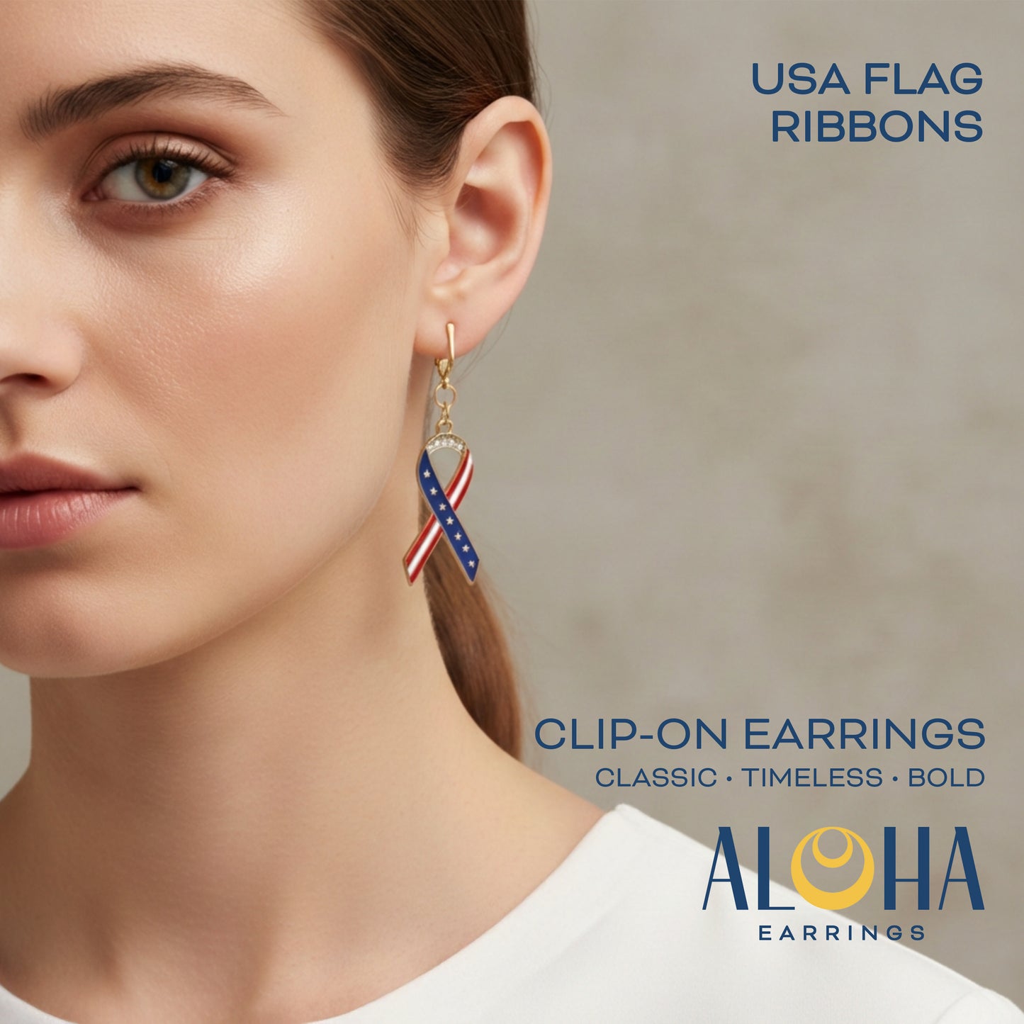 Gold American Flag Ribbons Clip On Dangling Earrings