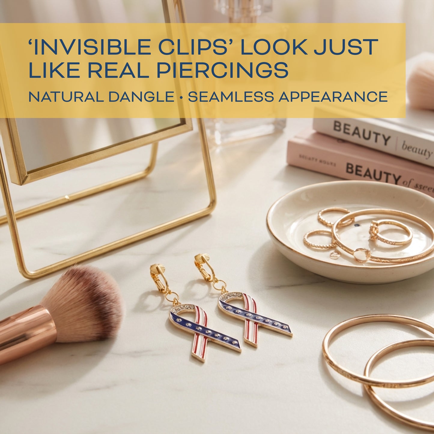 Gold American Flag Ribbons Clip On Dangling Earrings