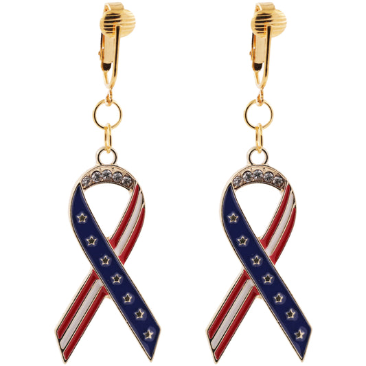 Gold American Flag Ribbons Clip On Dangling Earrings