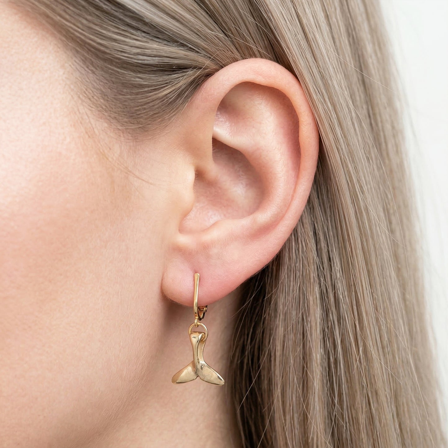 Gold Whale Tail Clip On Dangling Earrings