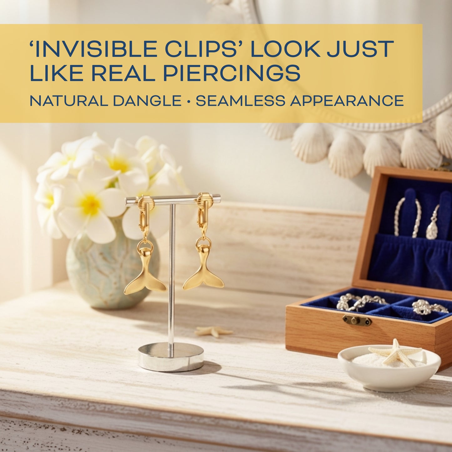 Gold Whale Tail Clip On Dangling Earrings
