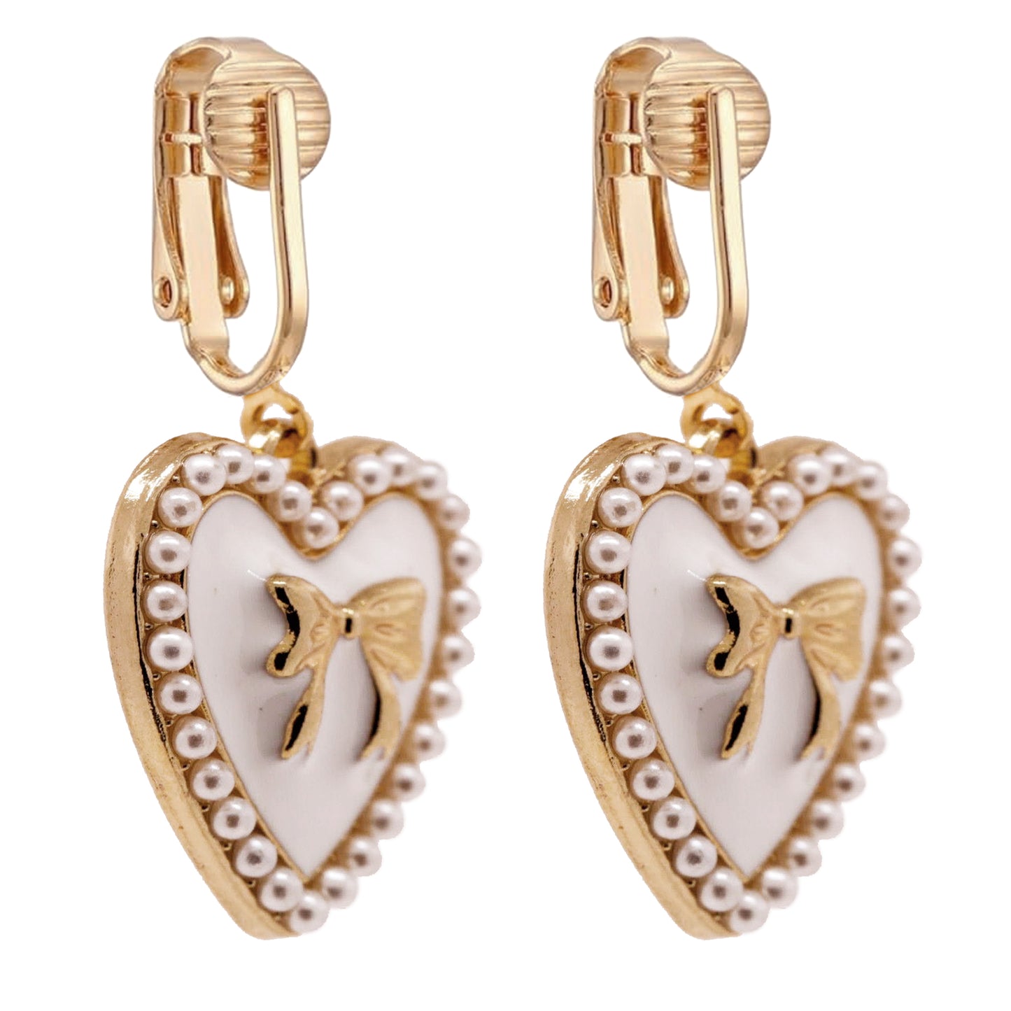 White Bow Heart Gold Clip On Dangling Earrings