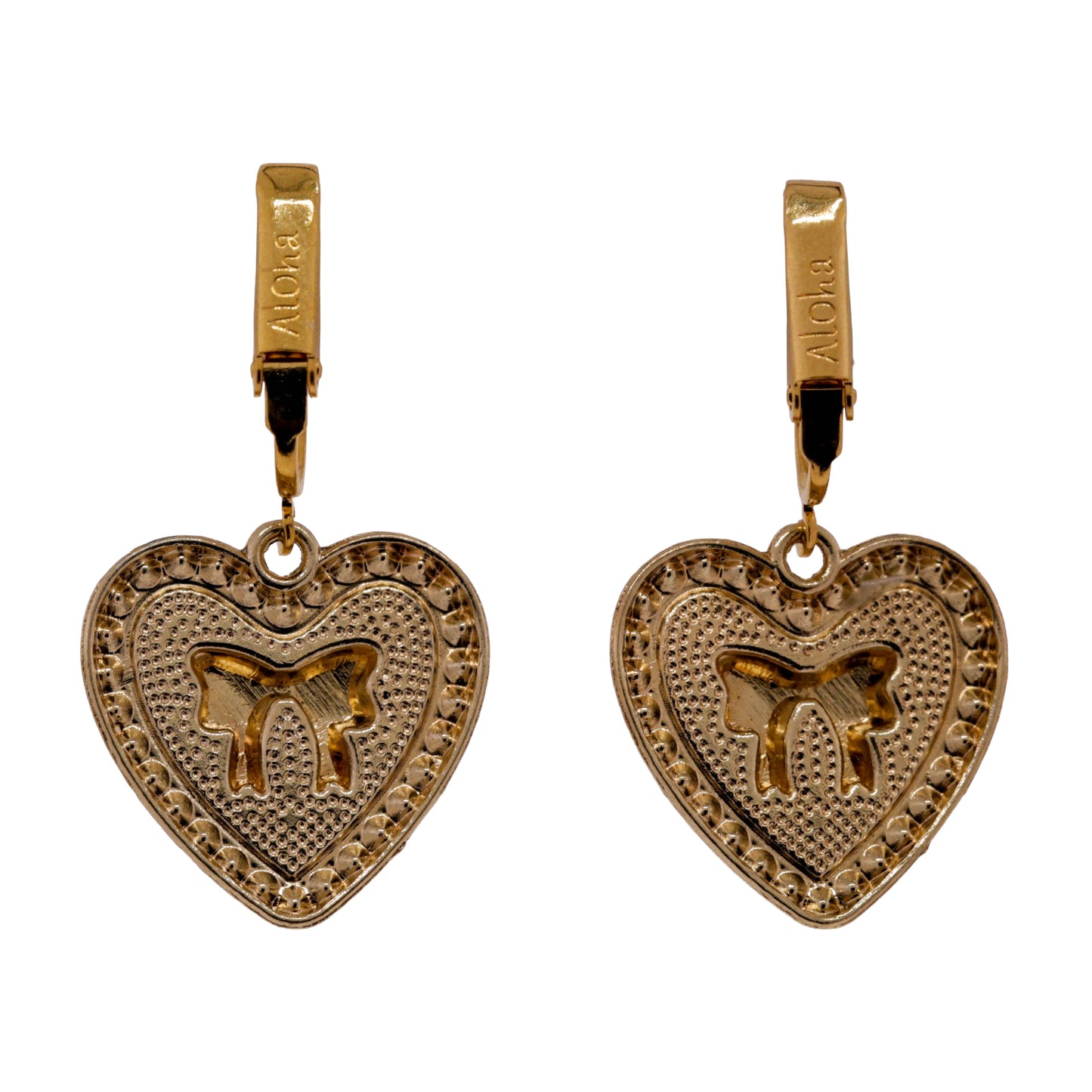 White Bow Heart Gold Clip On Dangling Earrings