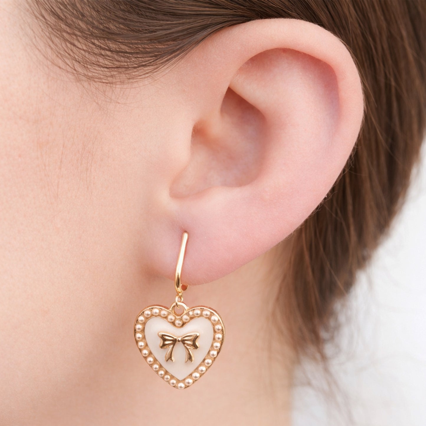 White Bow Heart Gold Clip On Dangling Earrings