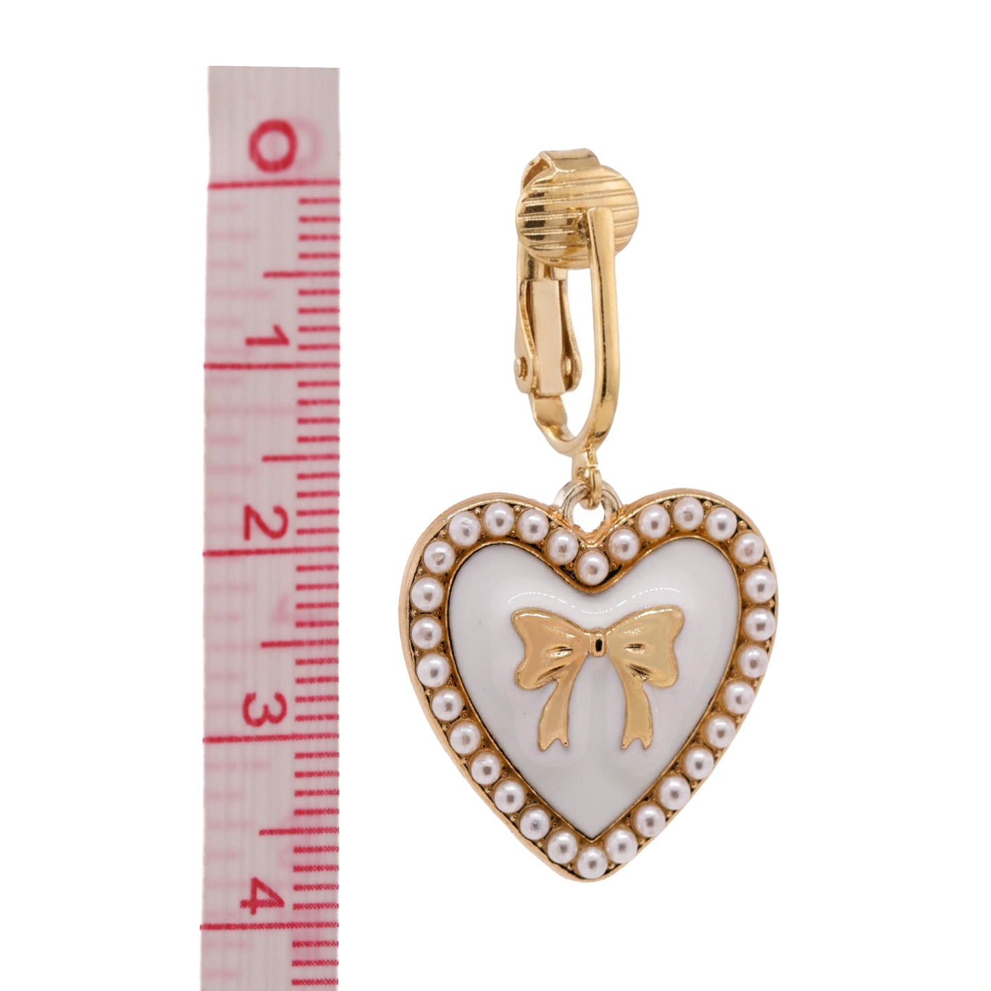 White Bow Heart Gold Clip On Dangling Earrings