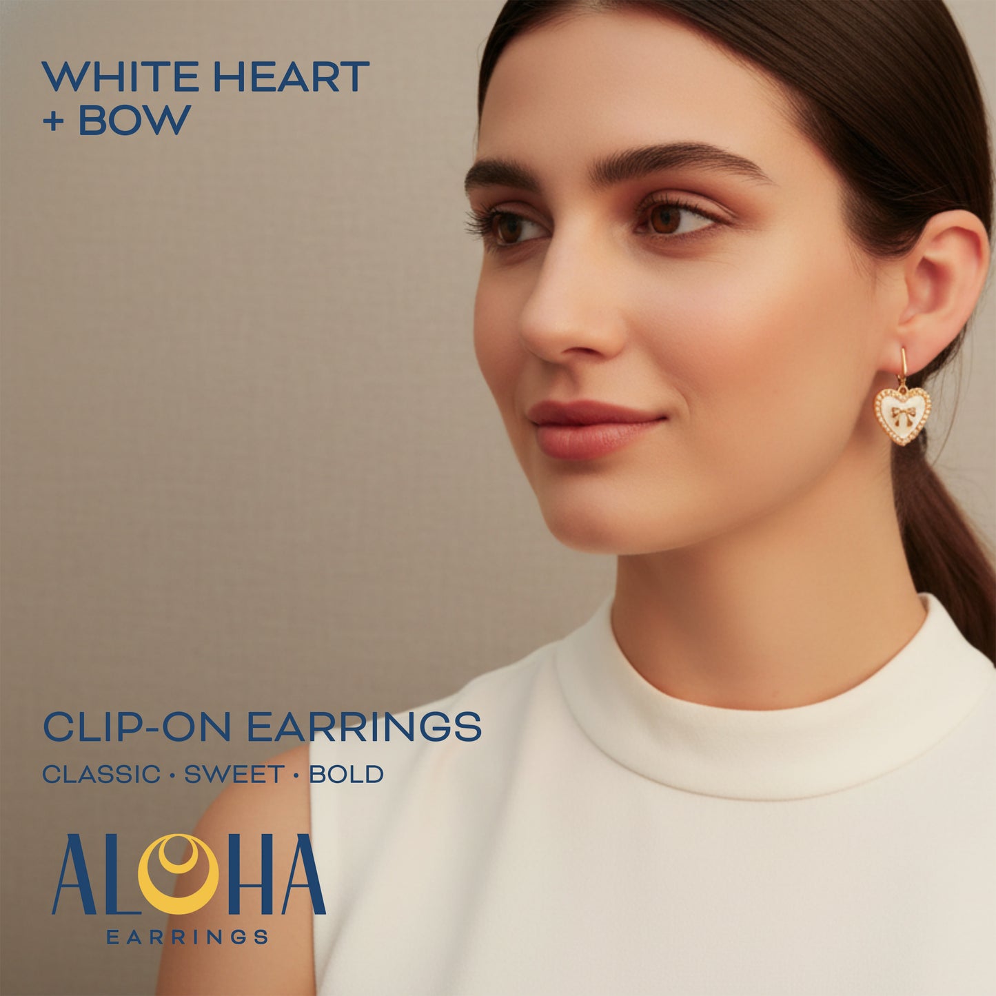 White Bow Heart Gold Clip On Dangling Earrings