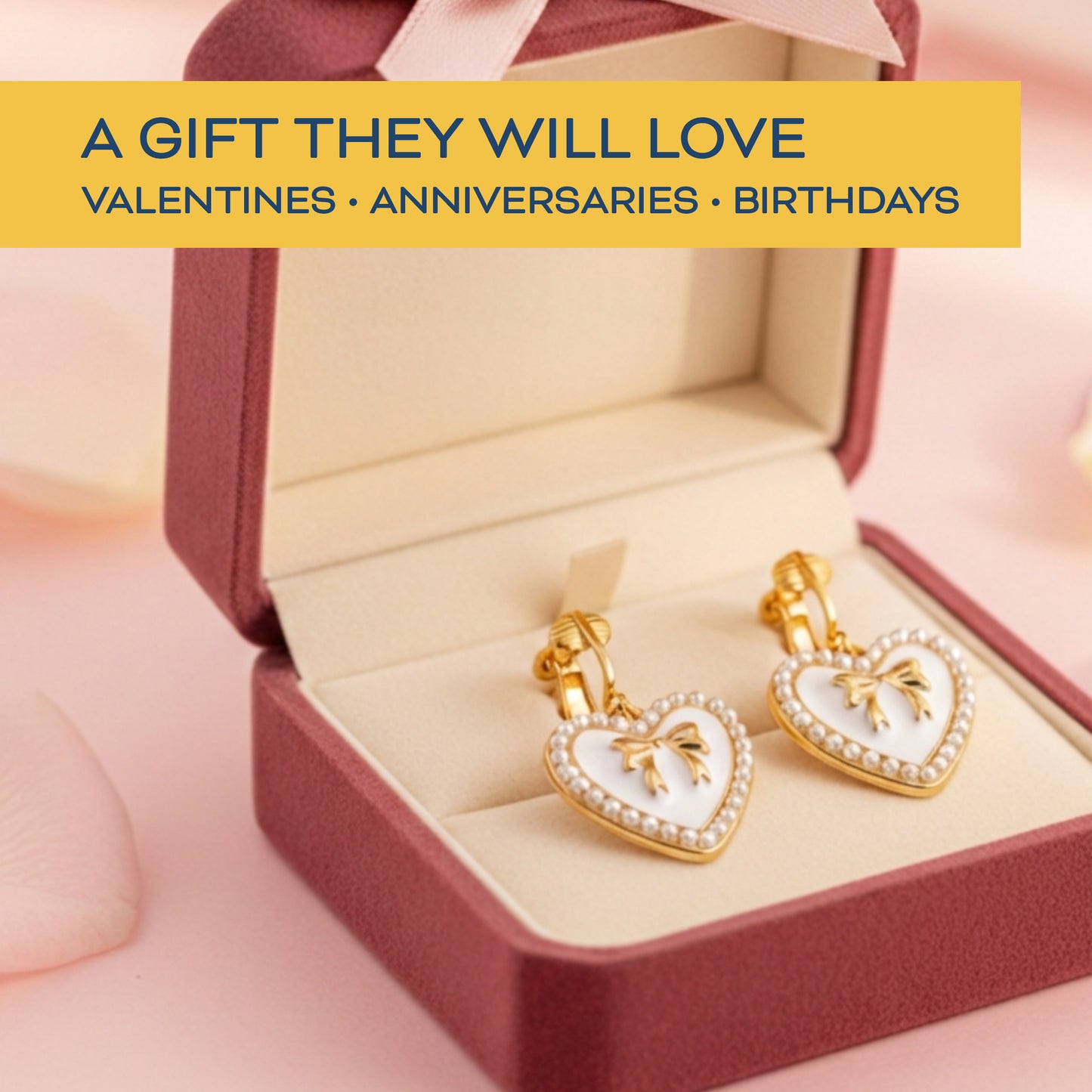 White Bow Heart Gold Clip On Dangling Earrings