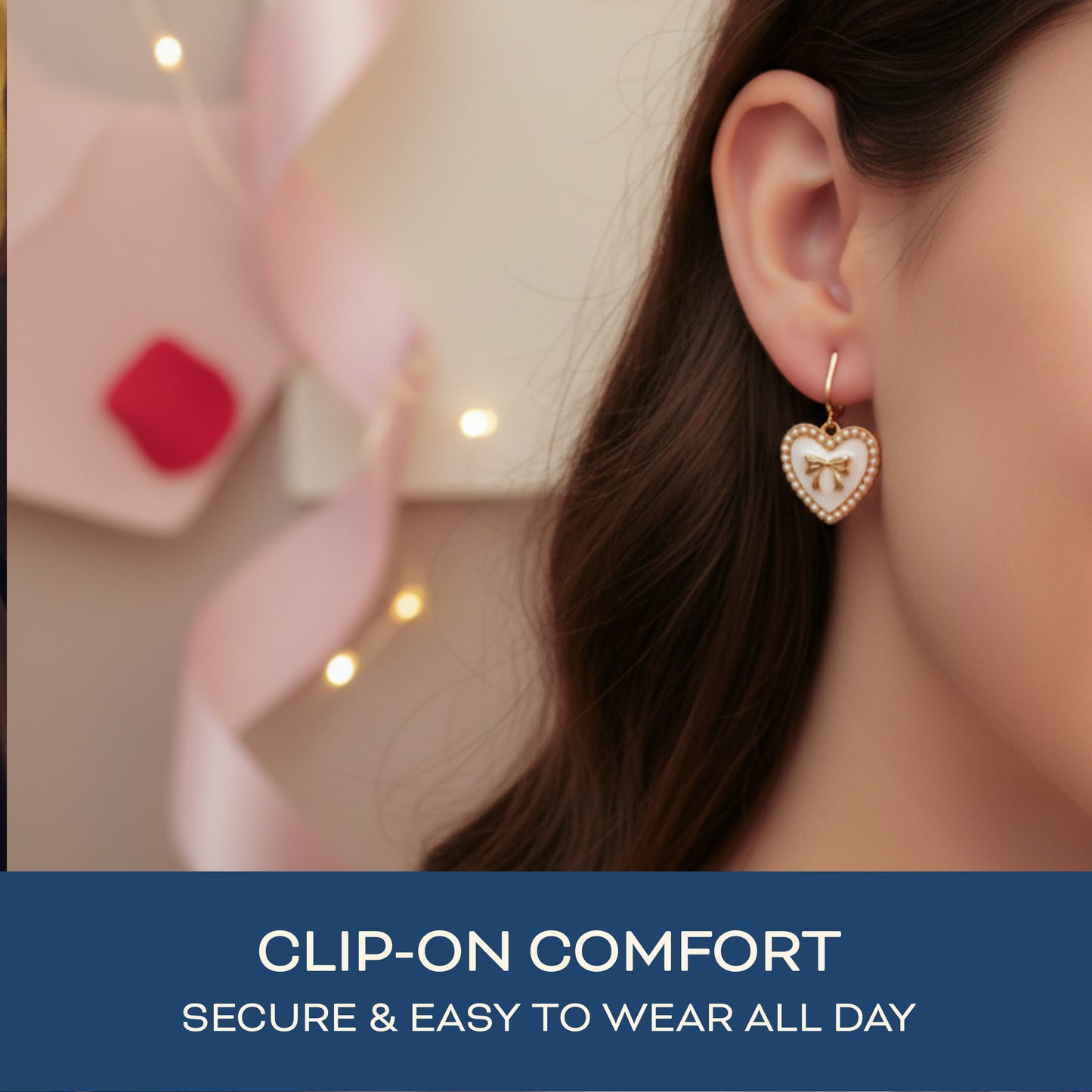 White Bow Heart Gold Clip On Dangling Earrings