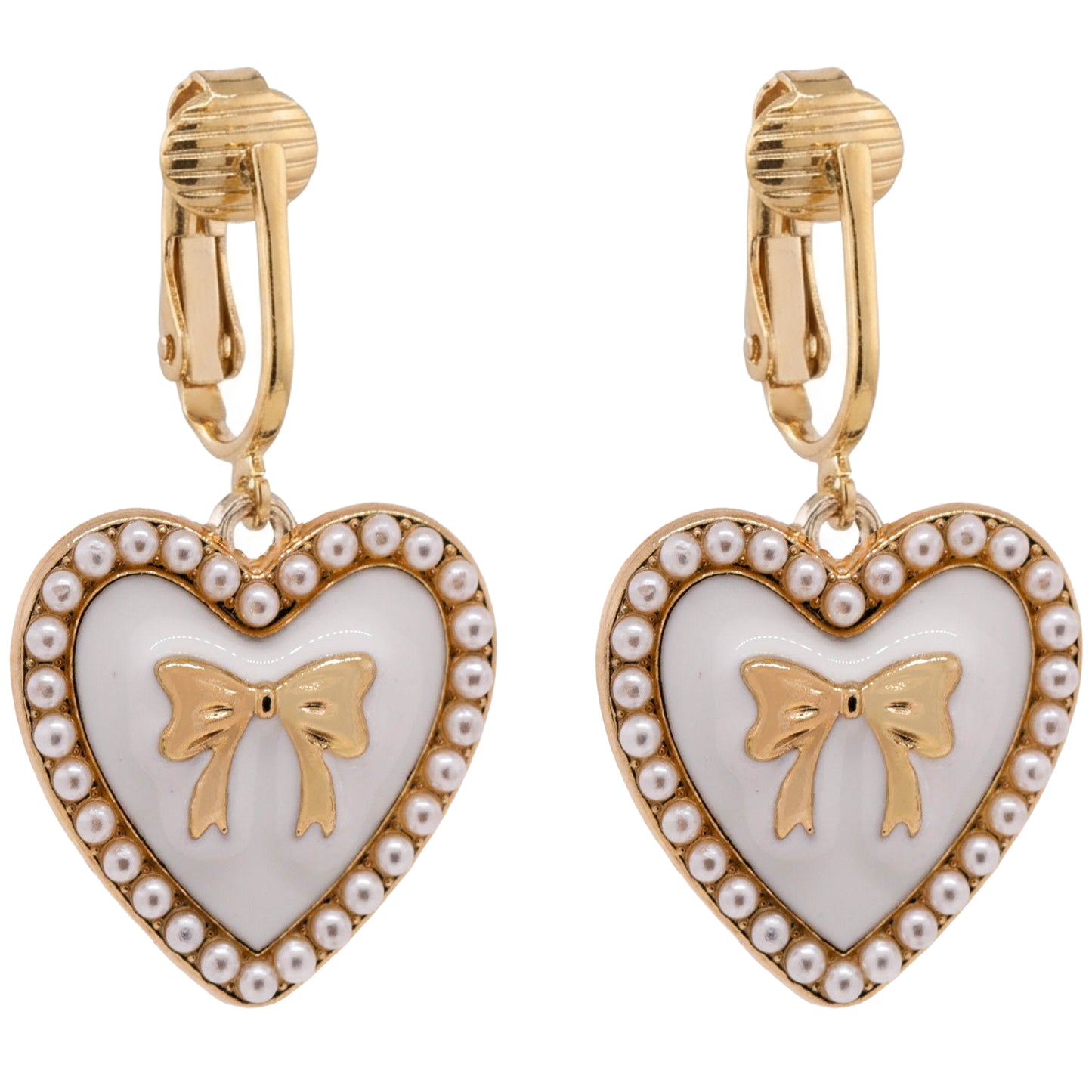 White Bow Heart Gold Clip On Dangling Earrings