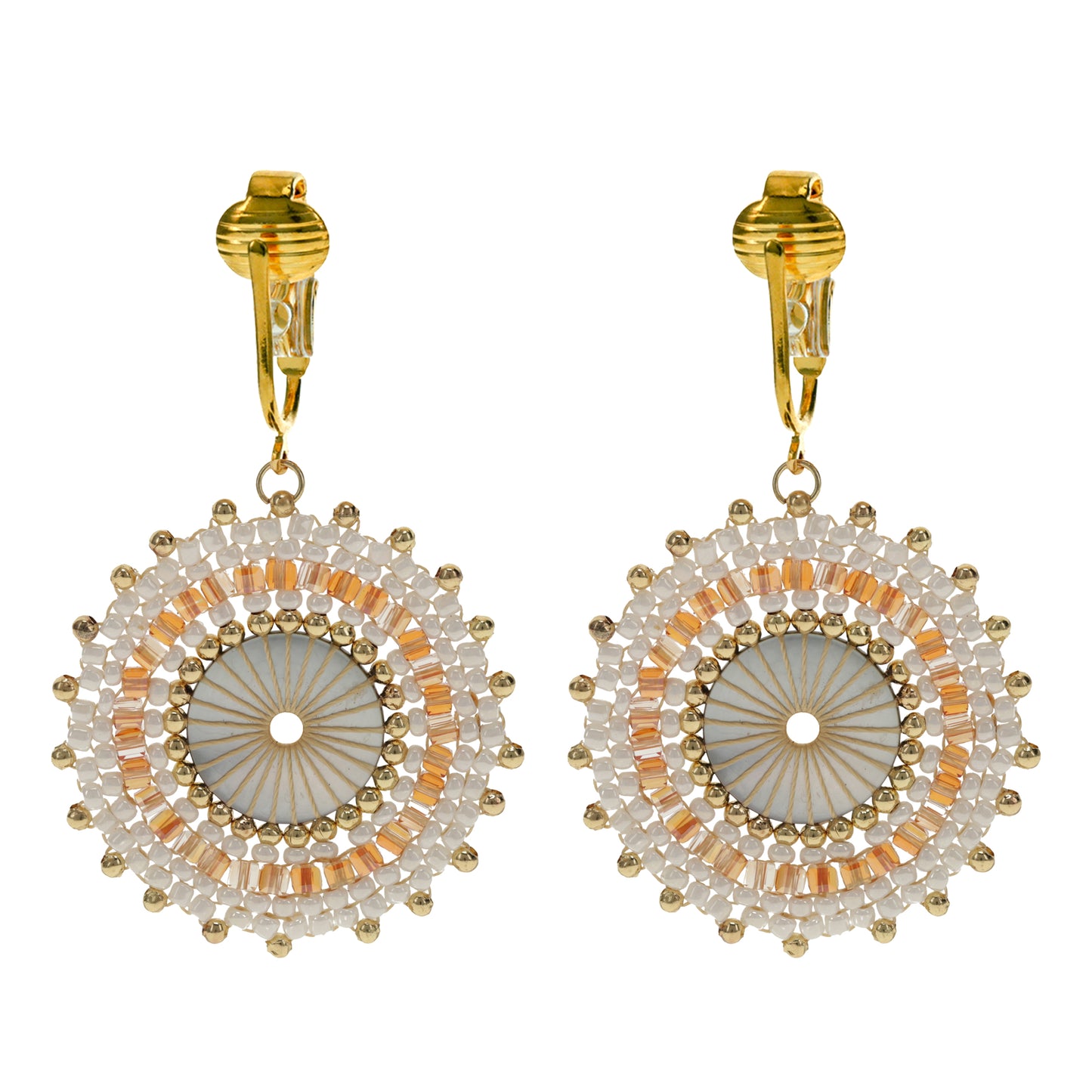 Gold Beaded Circle Clip On Dangling Earrings