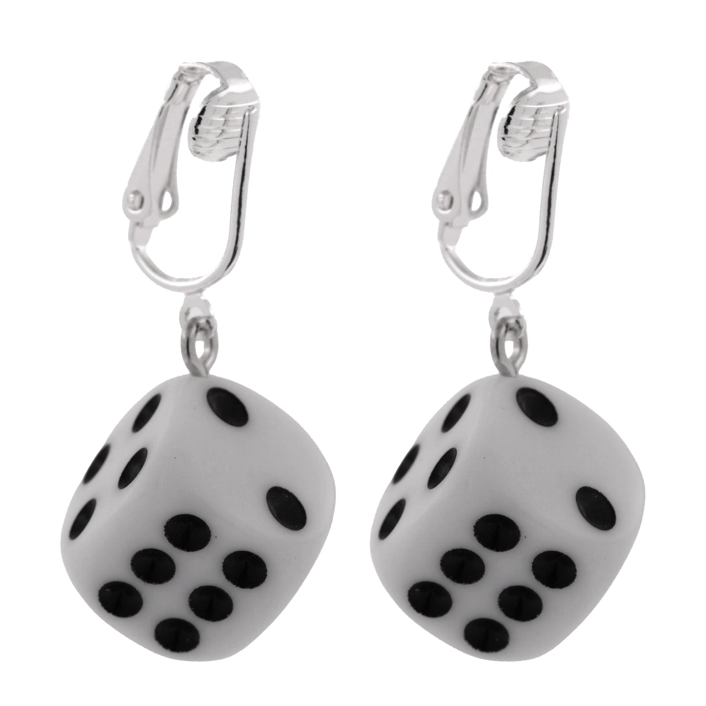 White Dice Silver Clip On Dangling Earrings