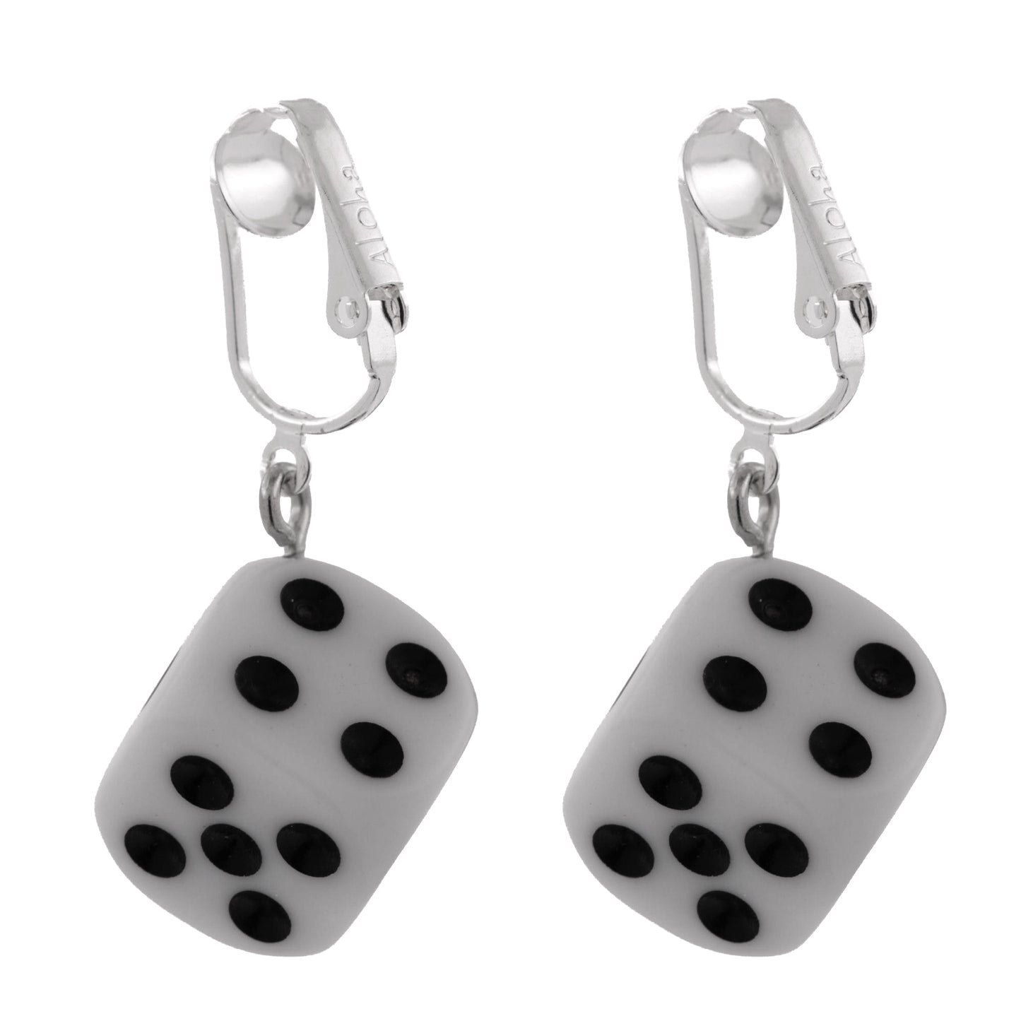 White Dice Silver Clip On Dangling Earrings
