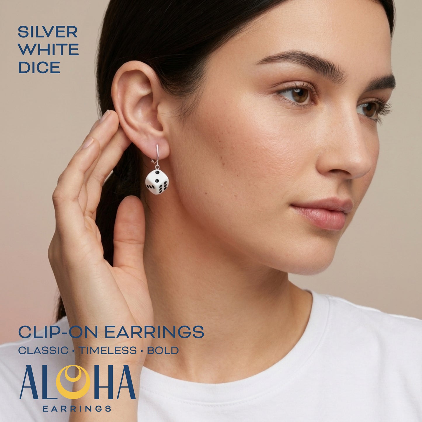 White Dice Silver Clip On Dangling Earrings