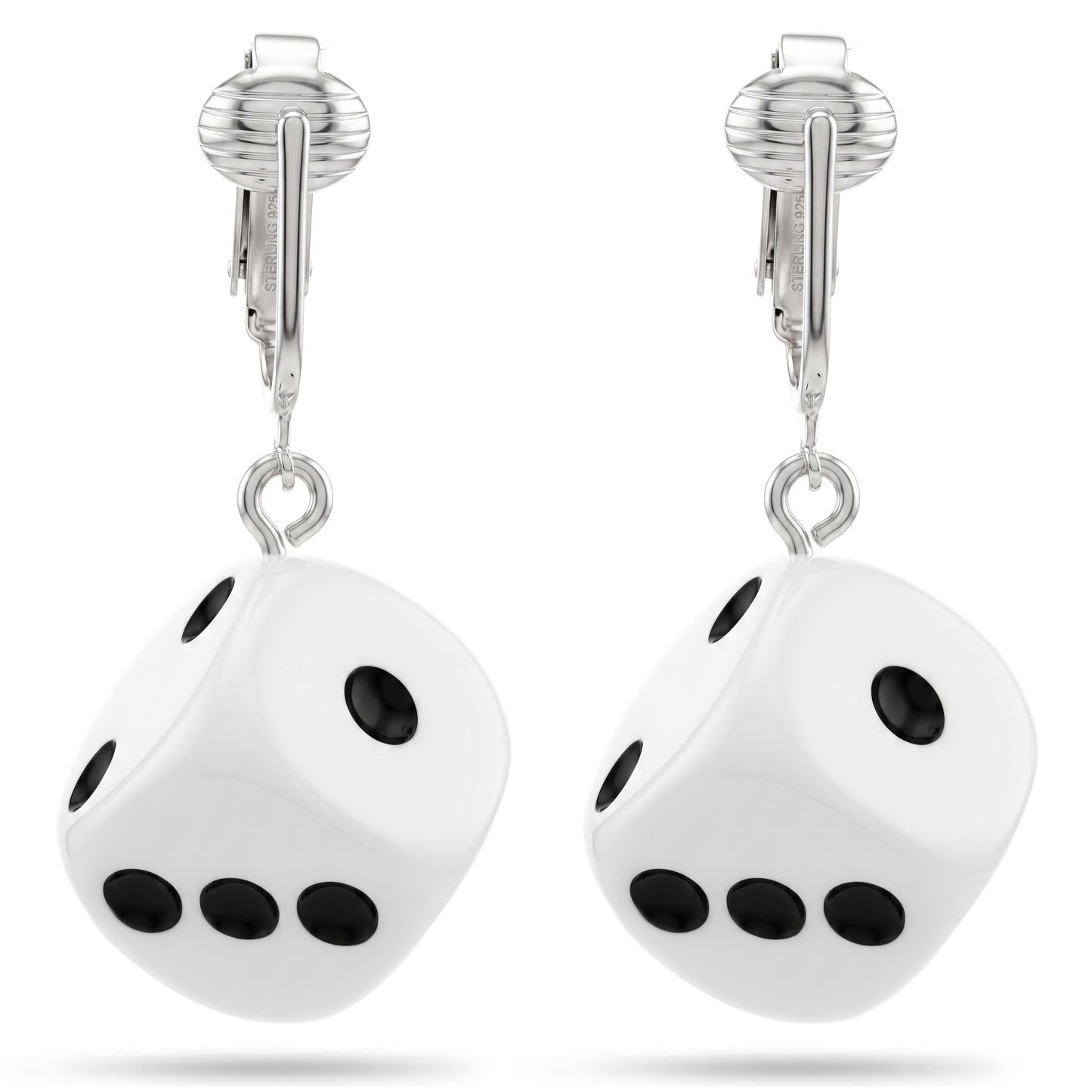 White Dice Silver Clip On Dangling Earrings