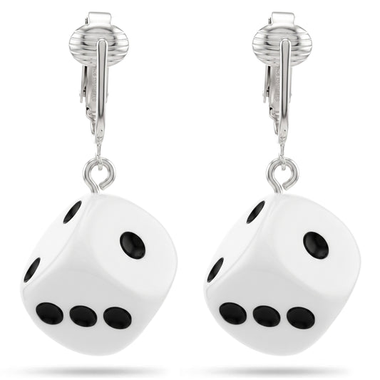 White Dice Silver Clip On Dangling Earrings