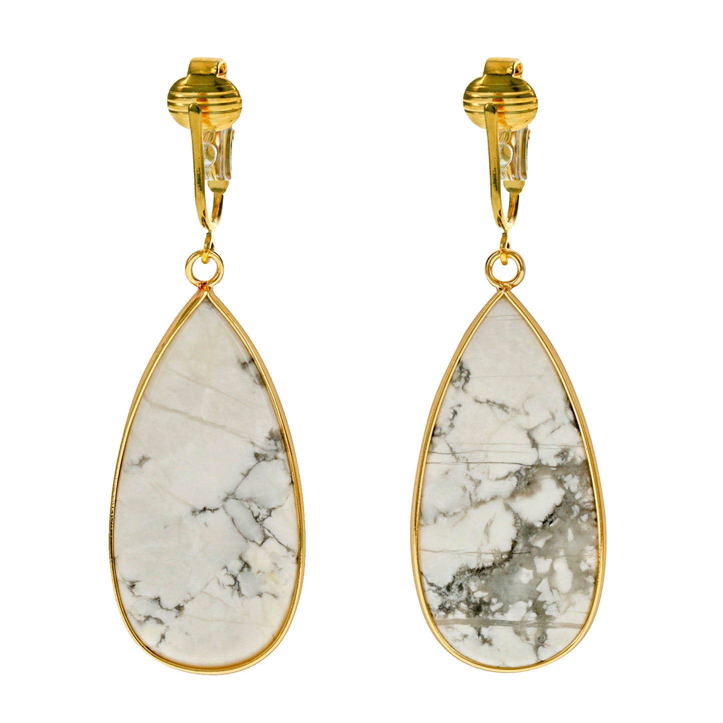 Gold Natural Stone Teardrop Clip On Dangling Earrings