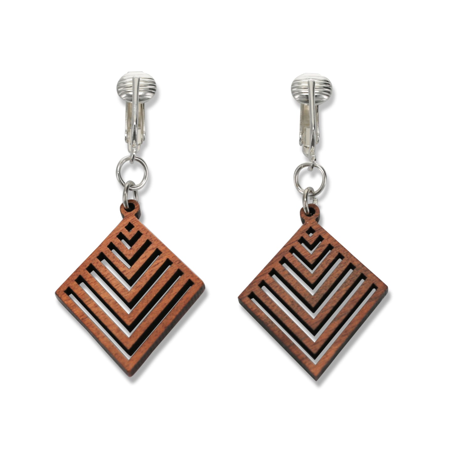 Silver Wooden Diamond Cutouts Clip On Dangling Earrings