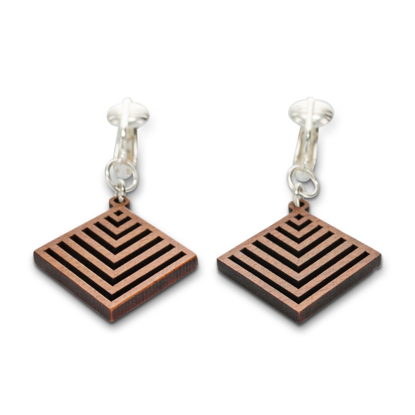 Silver Wooden Diamond Cutouts Clip On Dangling Earrings