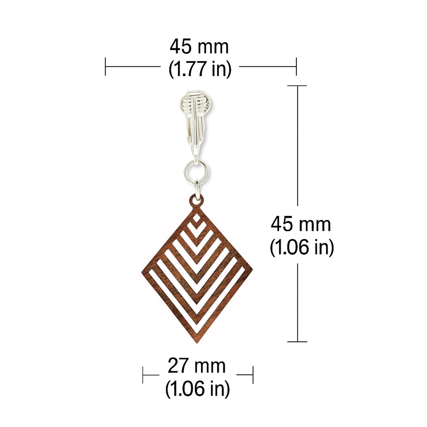 Silver Wooden Diamond Cutouts Clip On Dangling Earrings