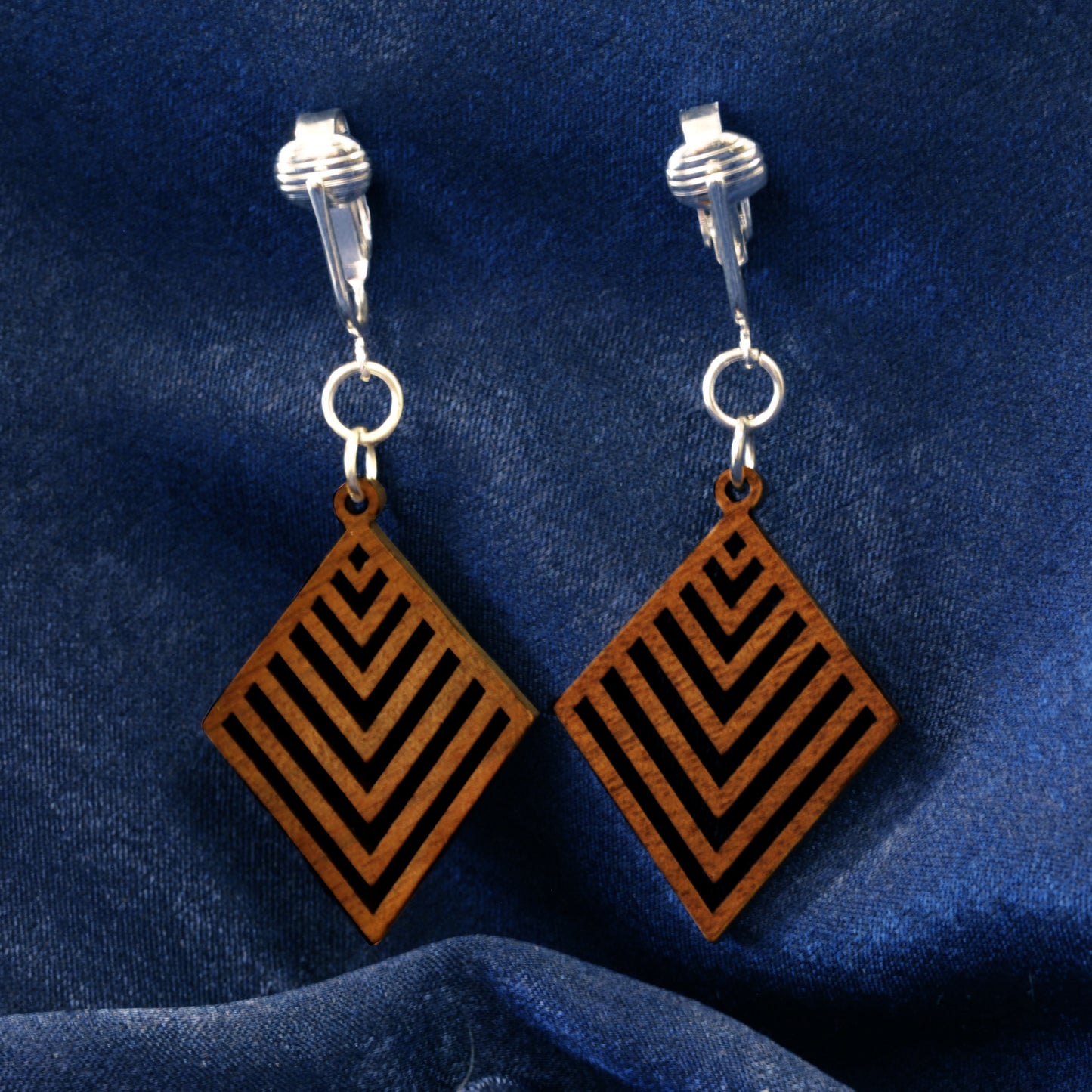 Silver Wooden Diamond Cutouts Clip On Dangling Earrings
