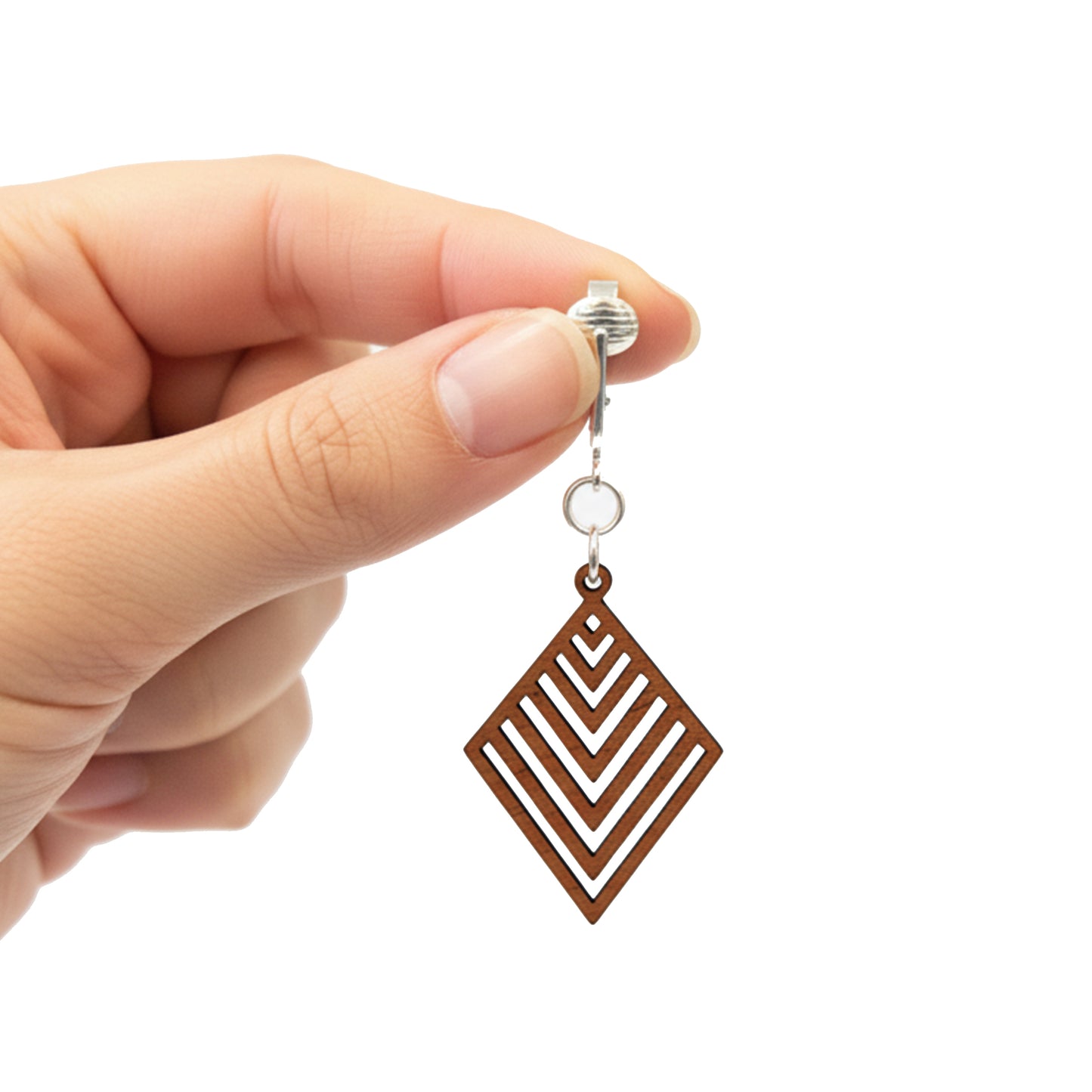 Silver Wooden Diamond Cutouts Clip On Dangling Earrings