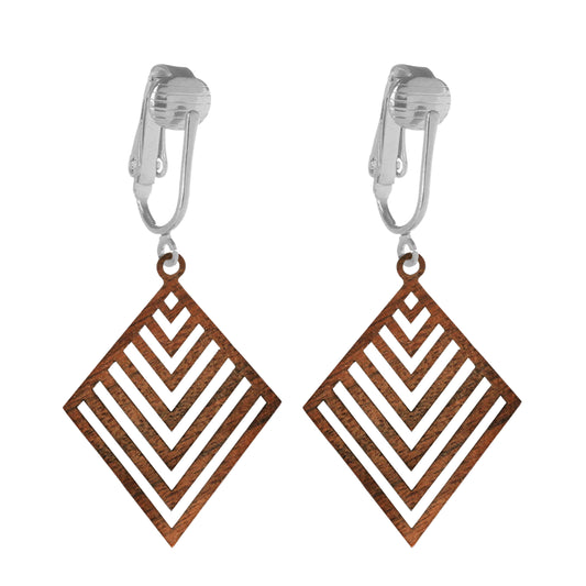 Silver Wooden Diamond Cutouts Clip On Dangling Earrings