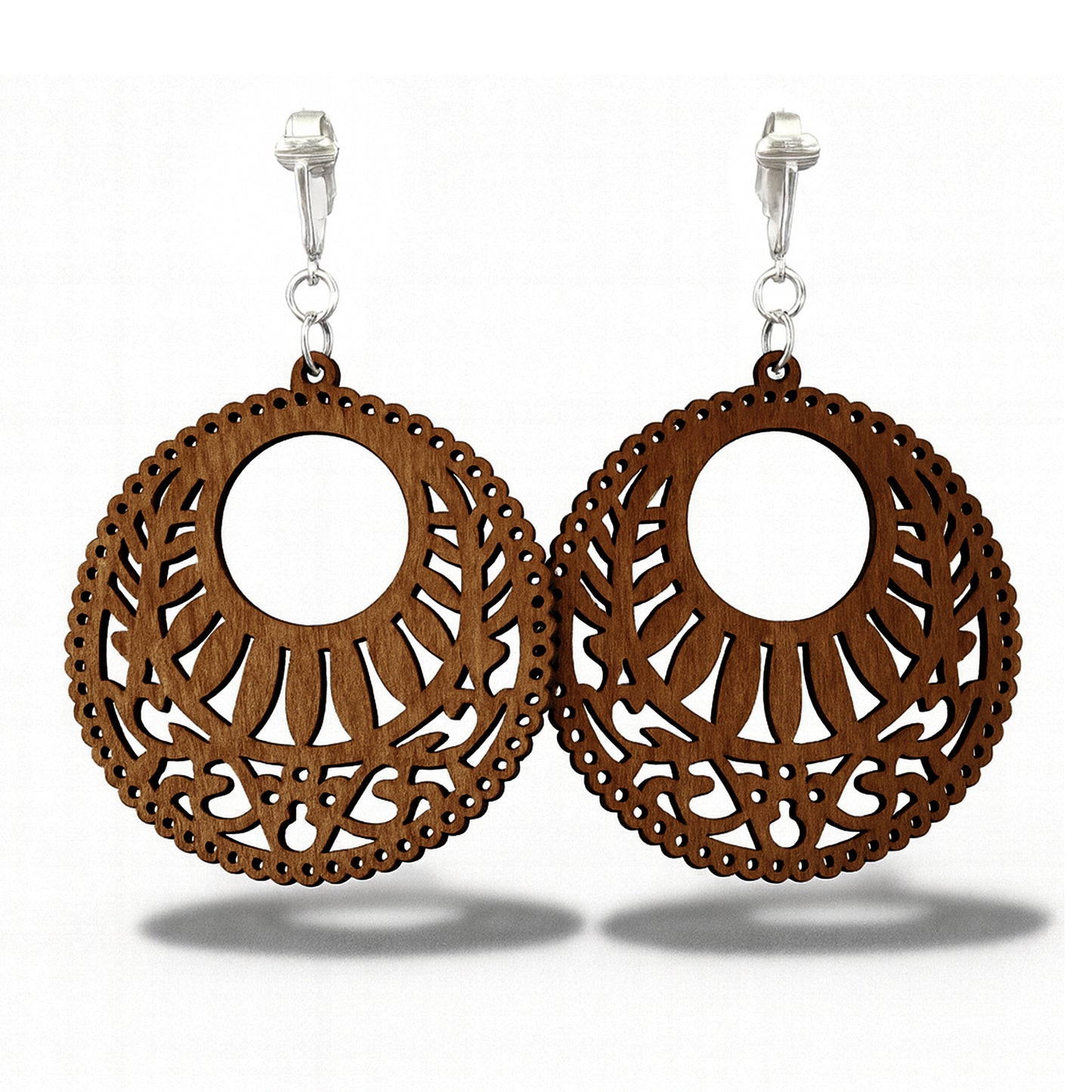 Silver Wooden Circle Cutouts Clip On Dangling Earrings