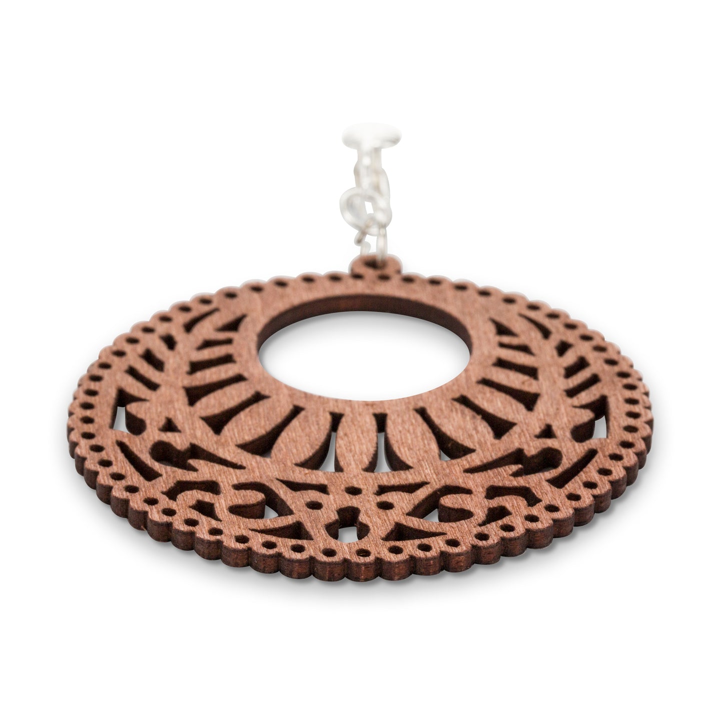 Silver Wooden Circle Cutouts Clip On Dangling Earrings