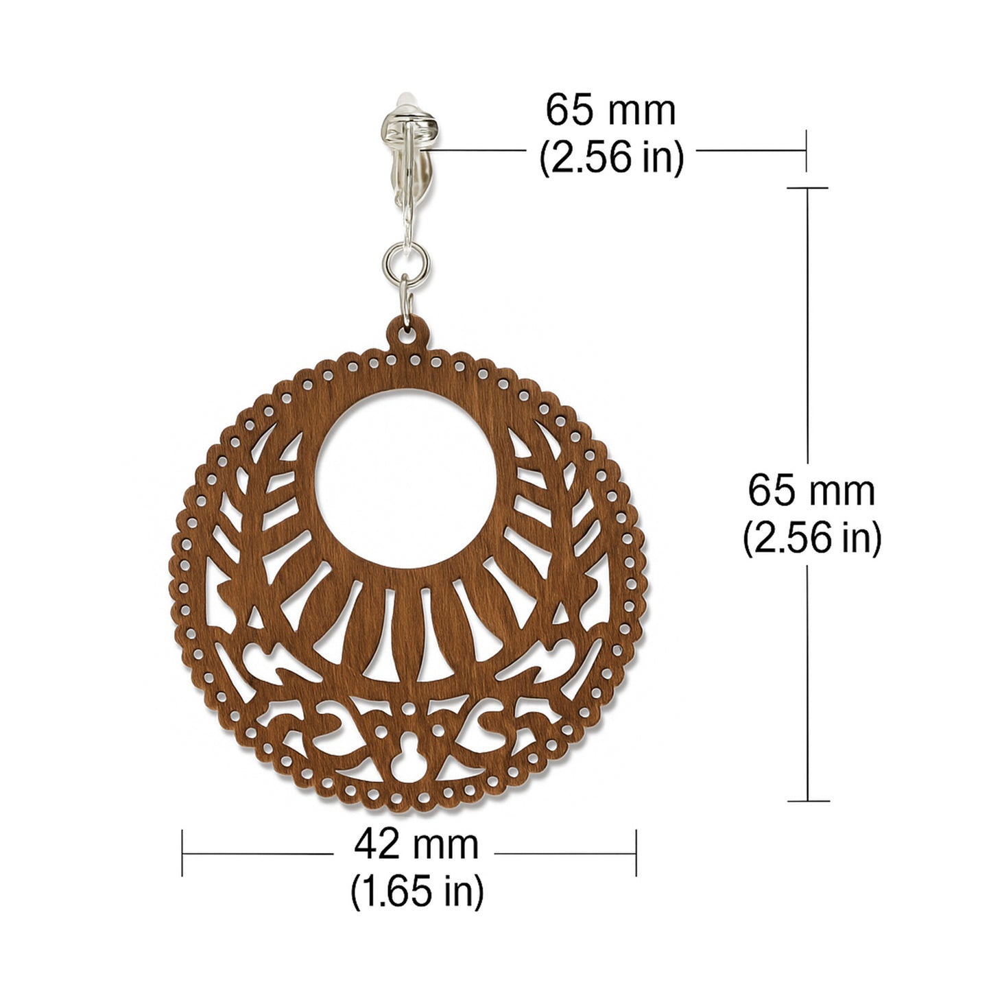 Silver Wooden Circle Cutouts Clip On Dangling Earrings