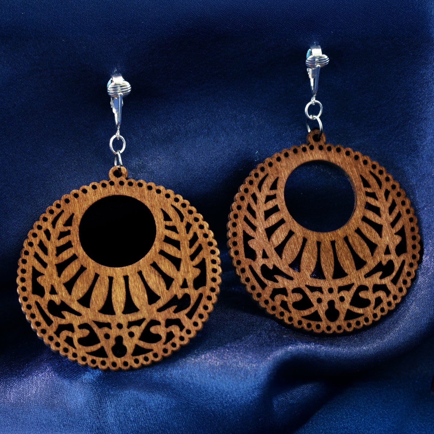 Silver Wooden Circle Cutouts Clip On Dangling Earrings
