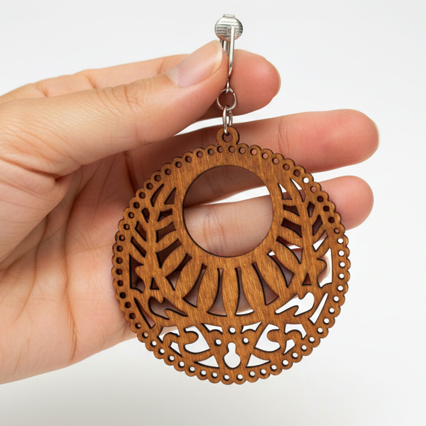 Silver Wooden Circle Cutouts Clip On Dangling Earrings