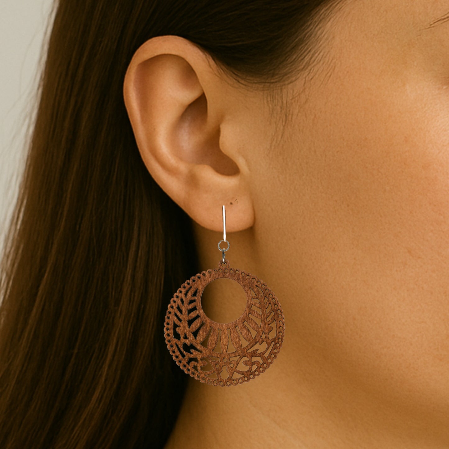 Silver Wooden Circle Cutouts Clip On Dangling Earrings