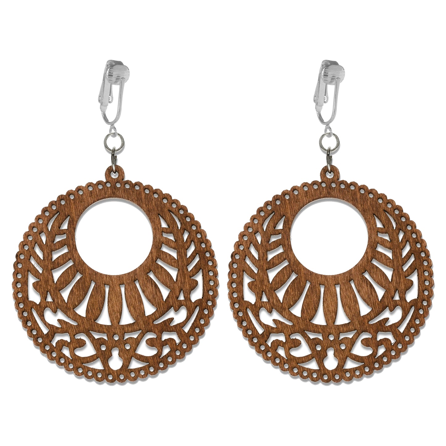 Silver Wooden Circle Cutouts Clip On Dangling Earrings