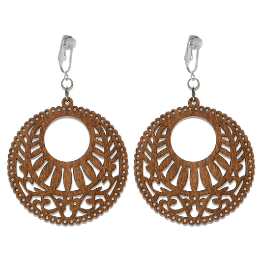 Silver Wooden Circle Cutouts Clip On Dangling Earrings