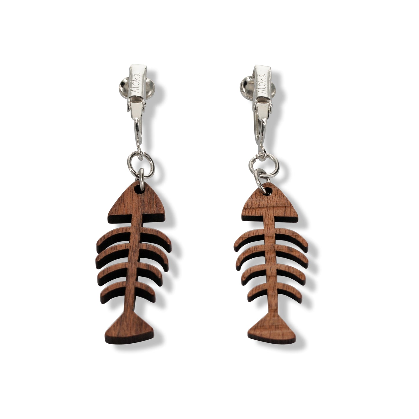 Silver Wooden Fishbone Clip On Dangling Earrings