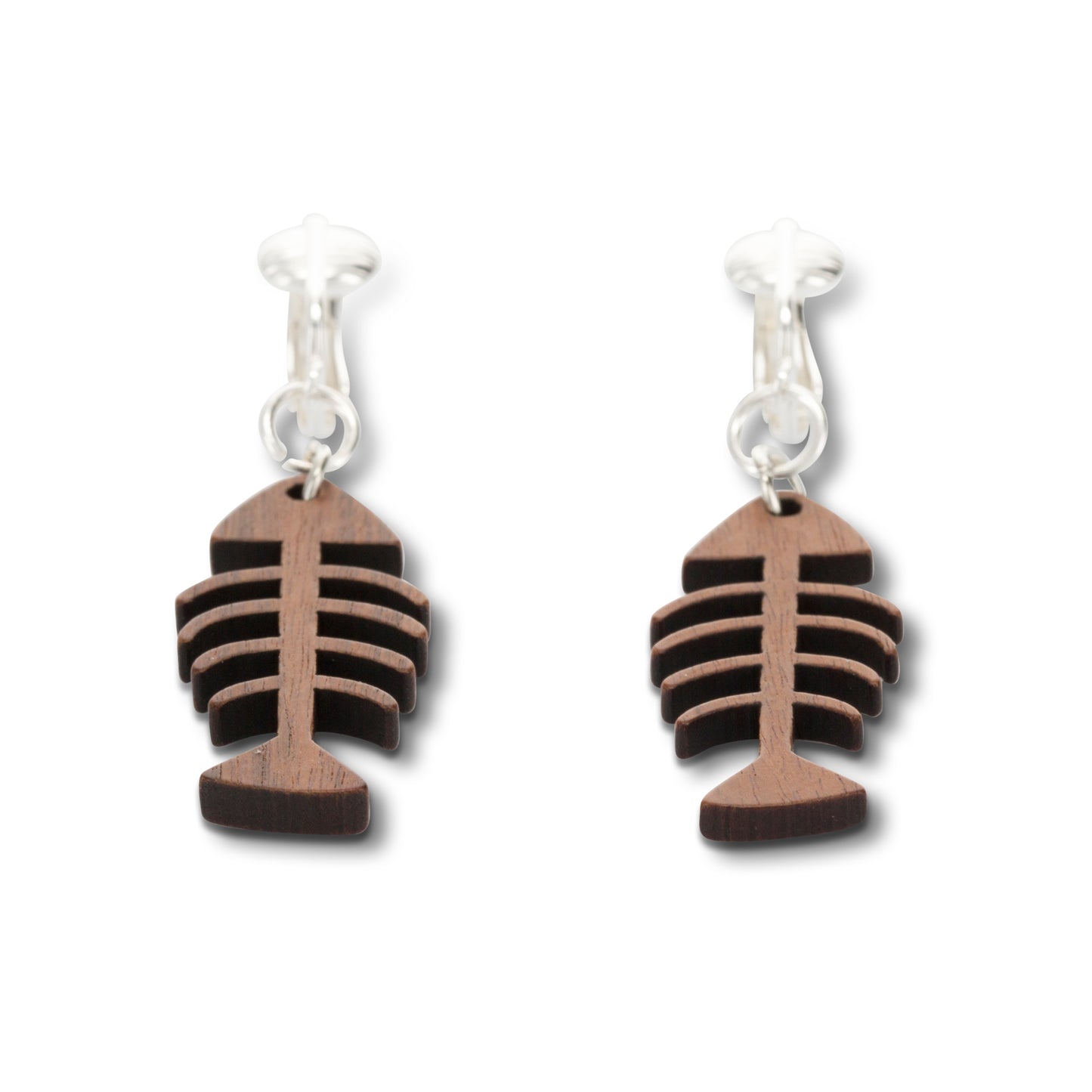 Silver Wooden Fishbone Clip On Dangling Earrings