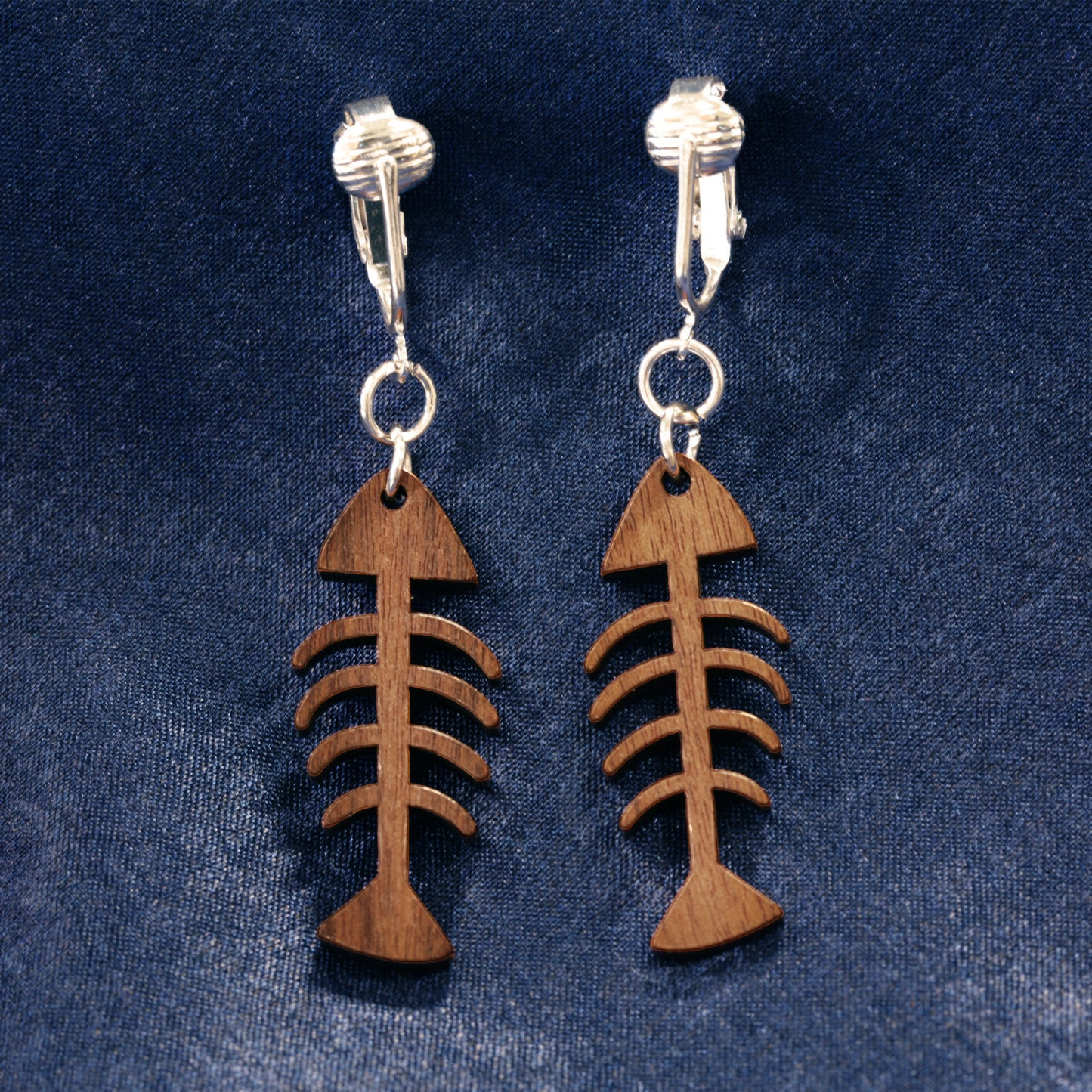 Silver Wooden Fishbone Clip On Dangling Earrings