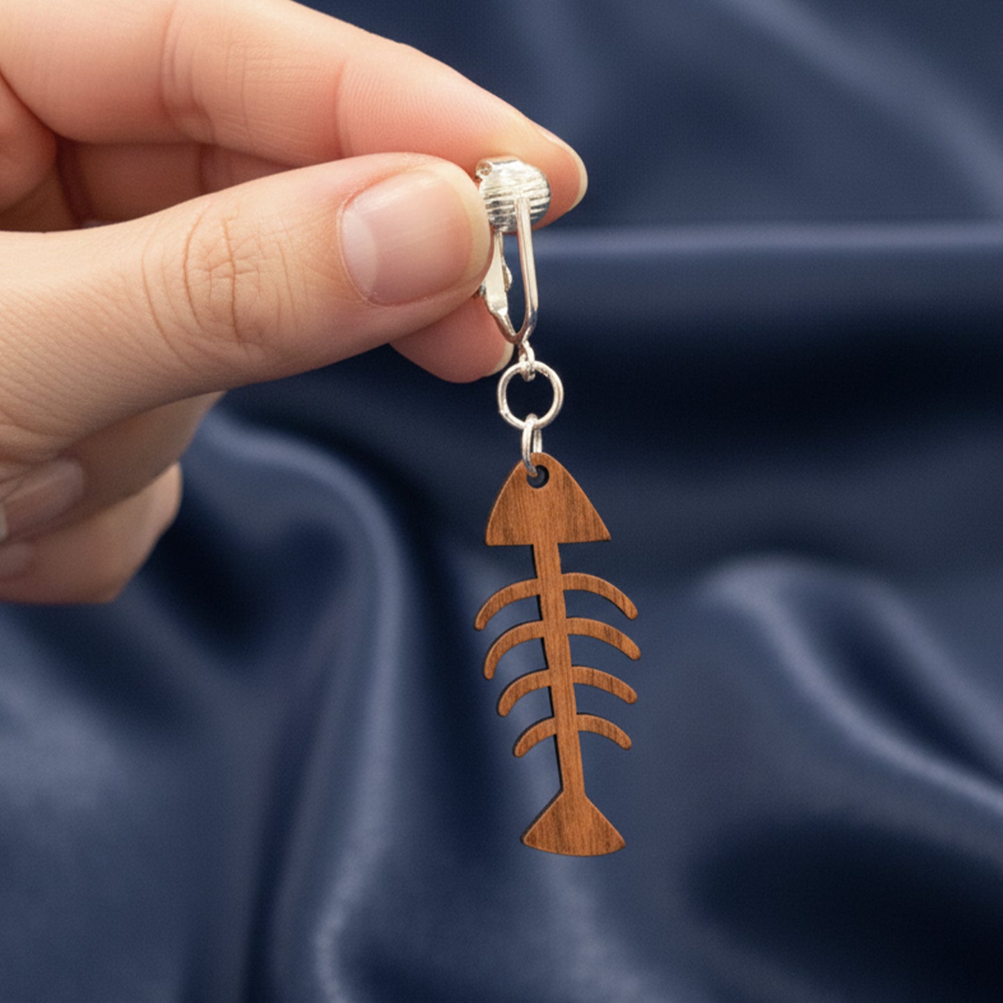 Silver Wooden Fishbone Clip On Dangling Earrings