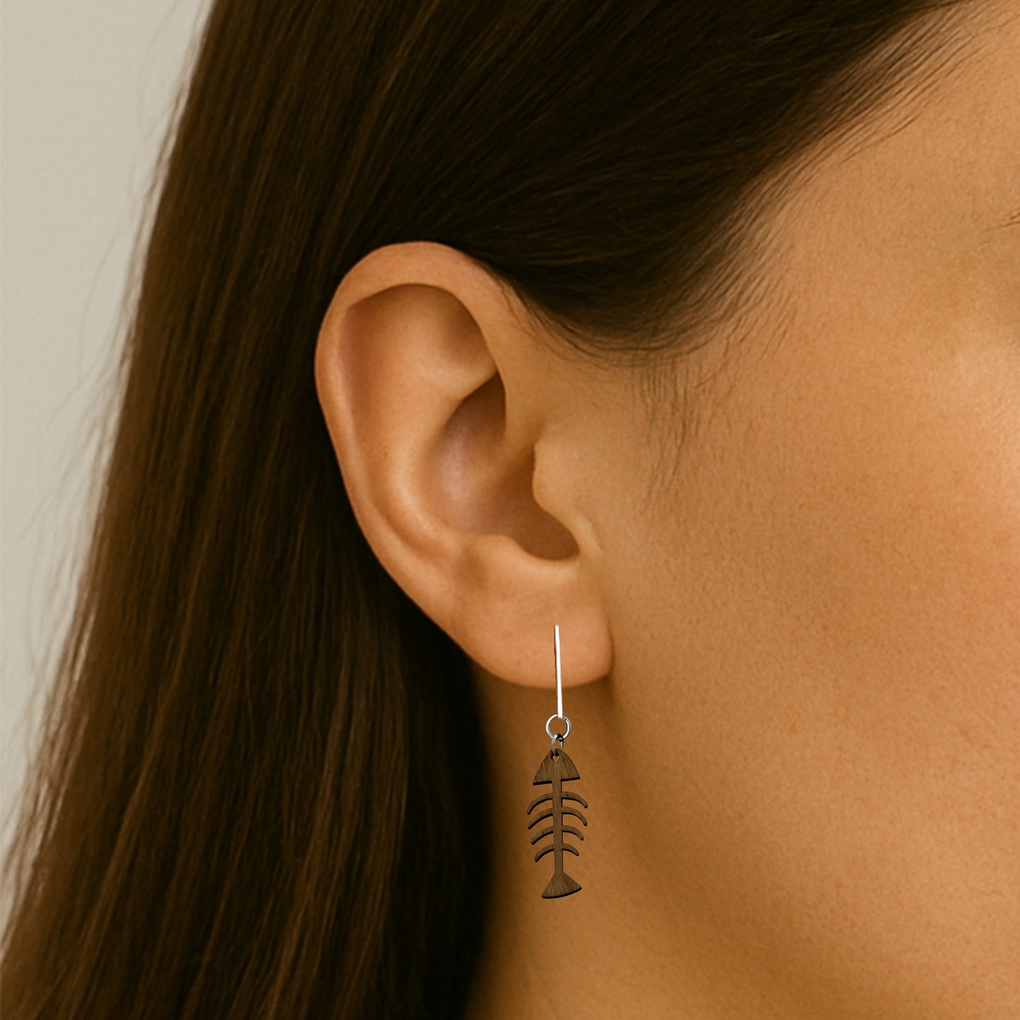 Silver Wooden Fishbone Clip On Dangling Earrings