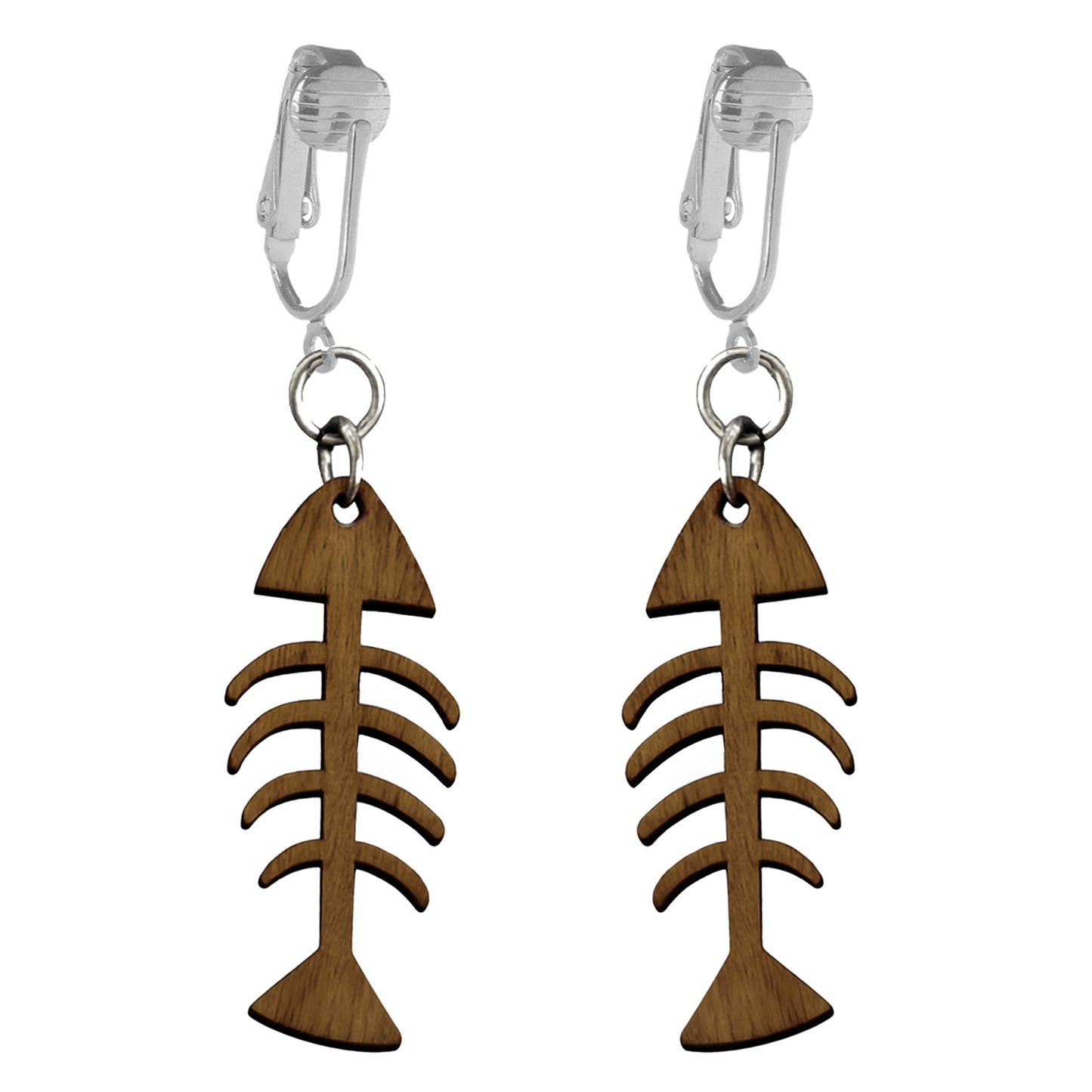 Silver Wooden Fishbone Clip On Dangling Earrings
