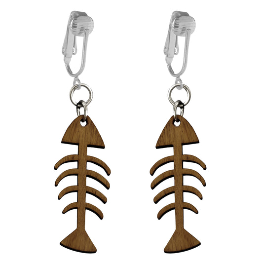 Silver Wooden Fishbone Clip On Dangling Earrings