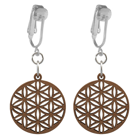 Silver Wooden Flower Circle Clip On Dangling Earrings