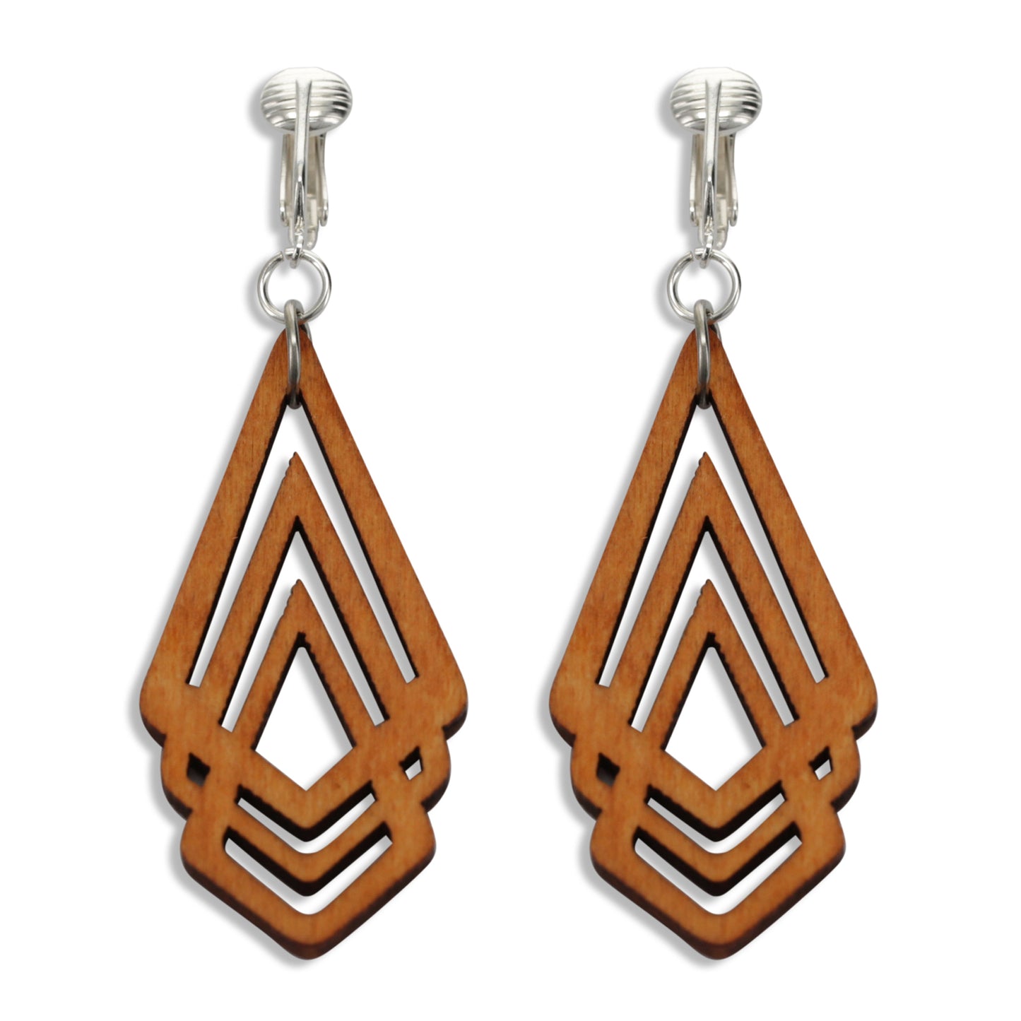 Silver Wooden Hollow Diamonds Clip On Dangling Earrings