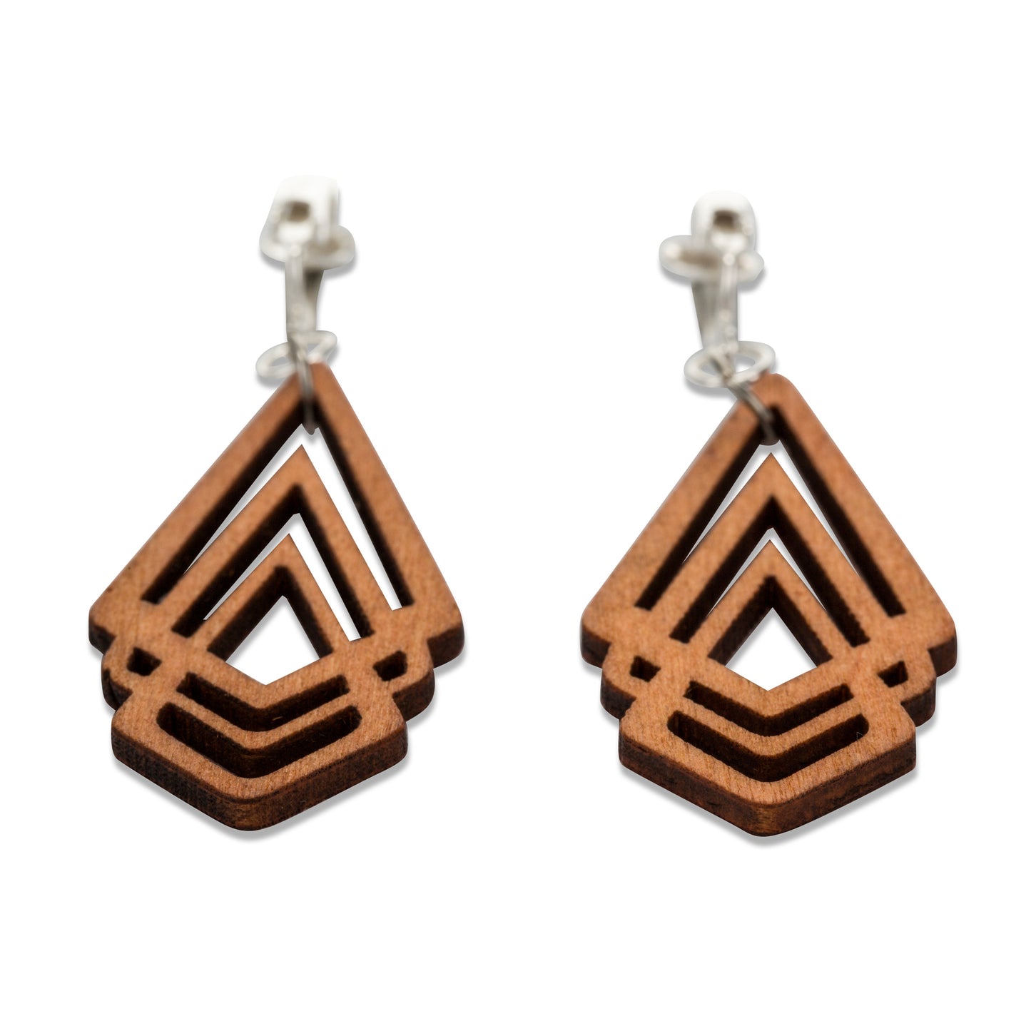 Silver Wooden Hollow Diamonds Clip On Dangling Earrings