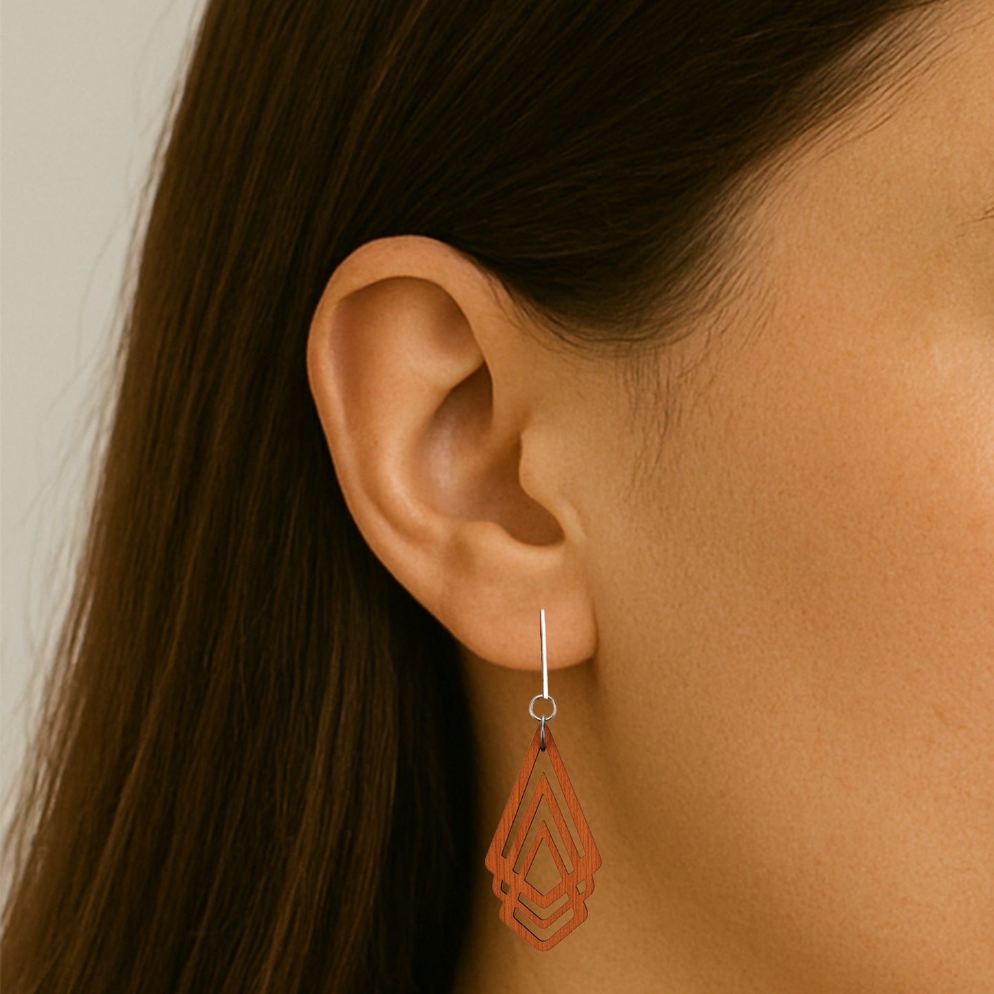 Silver Wooden Hollow Diamonds Clip On Dangling Earrings