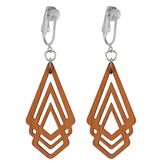 Silver Wooden Hollow Diamonds Clip On Dangling Earrings