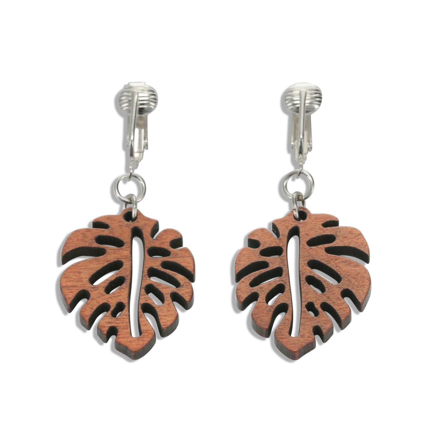 Silver Wooden Leaves Clip On Dangling Earrings