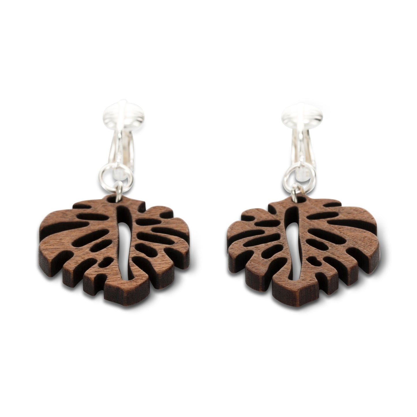 Silver Wooden Leaves Clip On Dangling Earrings