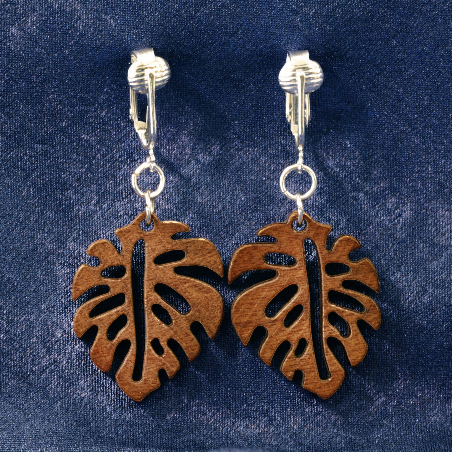 Silver Wooden Leaves Clip On Dangling Earrings