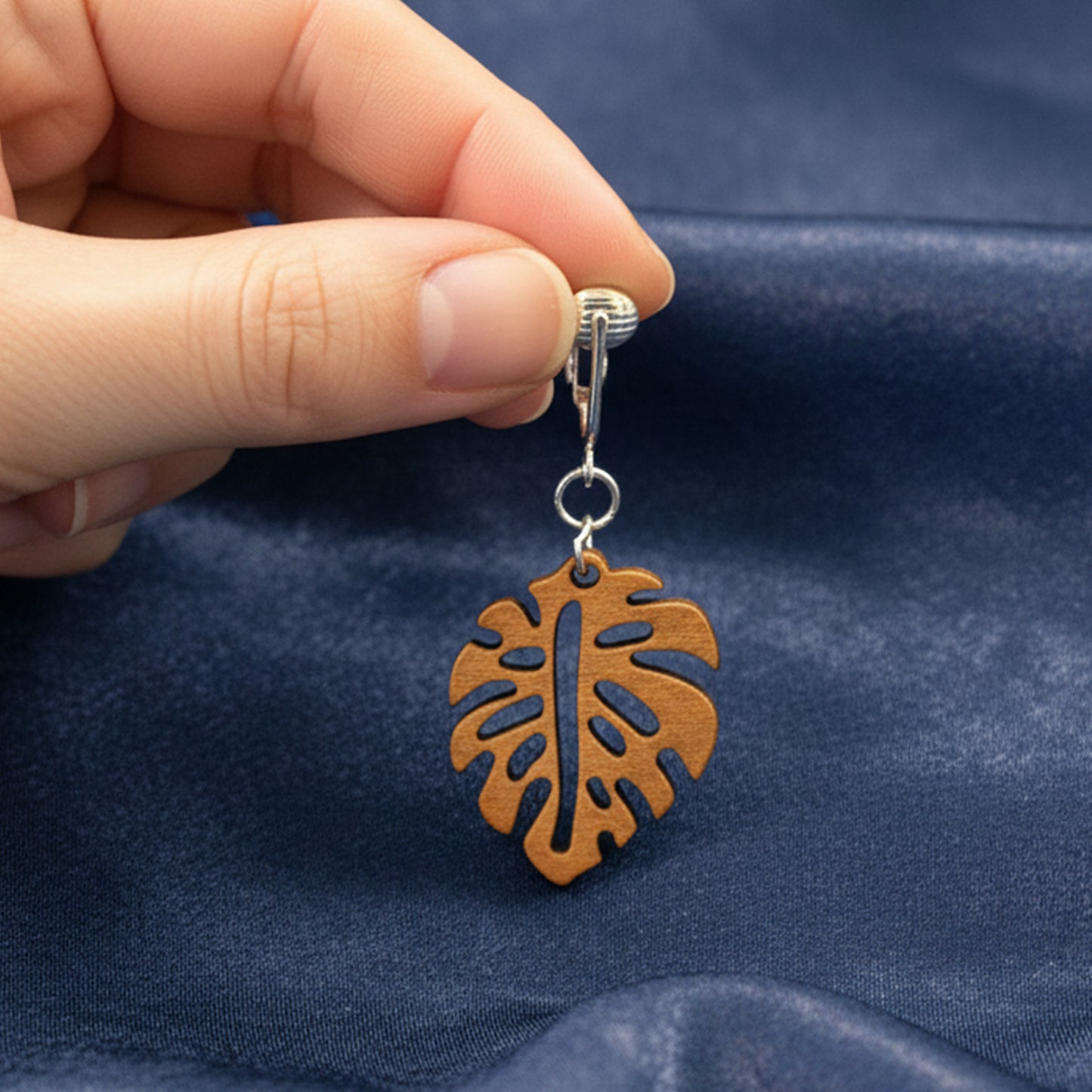 Silver Wooden Leaves Clip On Dangling Earrings